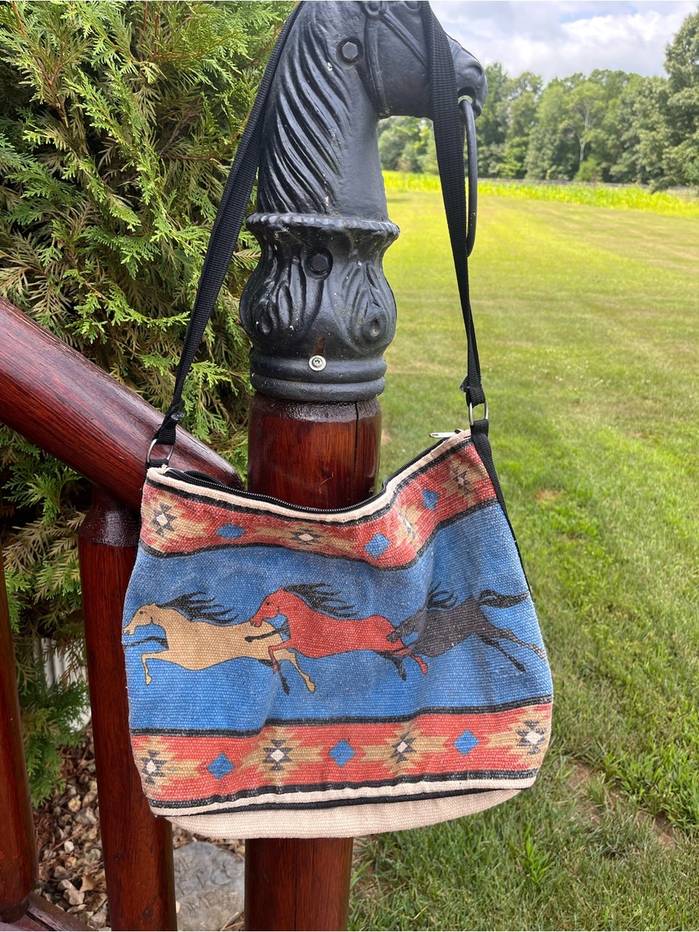 Running Horses Southwest Canvas Crossbody Bag in Blue and Tan - Picture 2 of 7